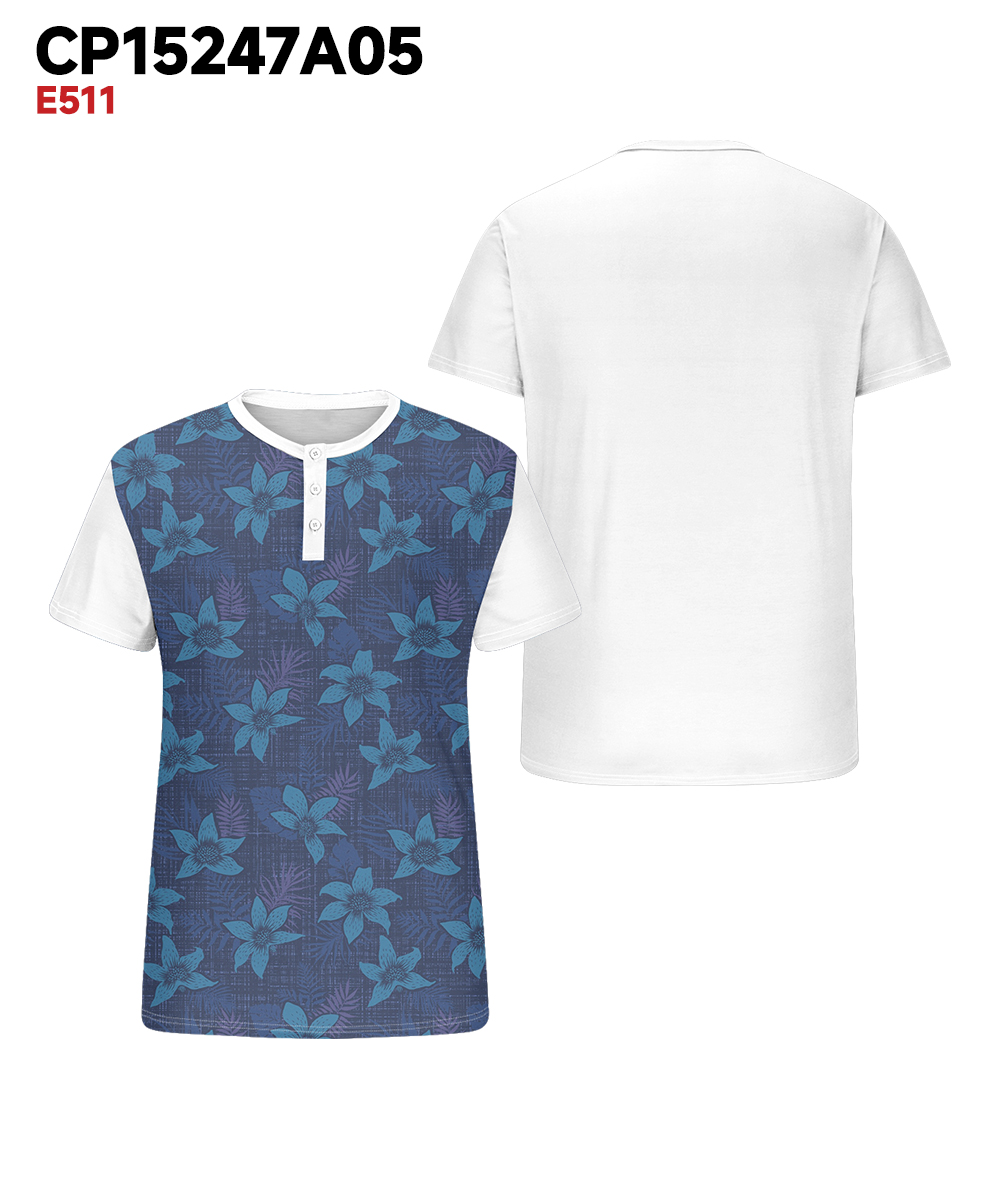 Big & Tall Men's Blue Patchwork Floral Print Henry Collar Button Short Sleeve Tee