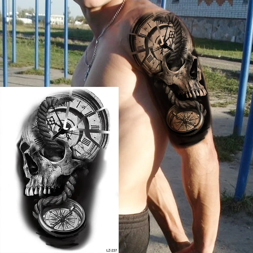 Sdrawing Black Skull Rose Flower Back Temporary Tattoos For Women Men Halloween Compass Round Fake Tattoo Sticker Skeleton