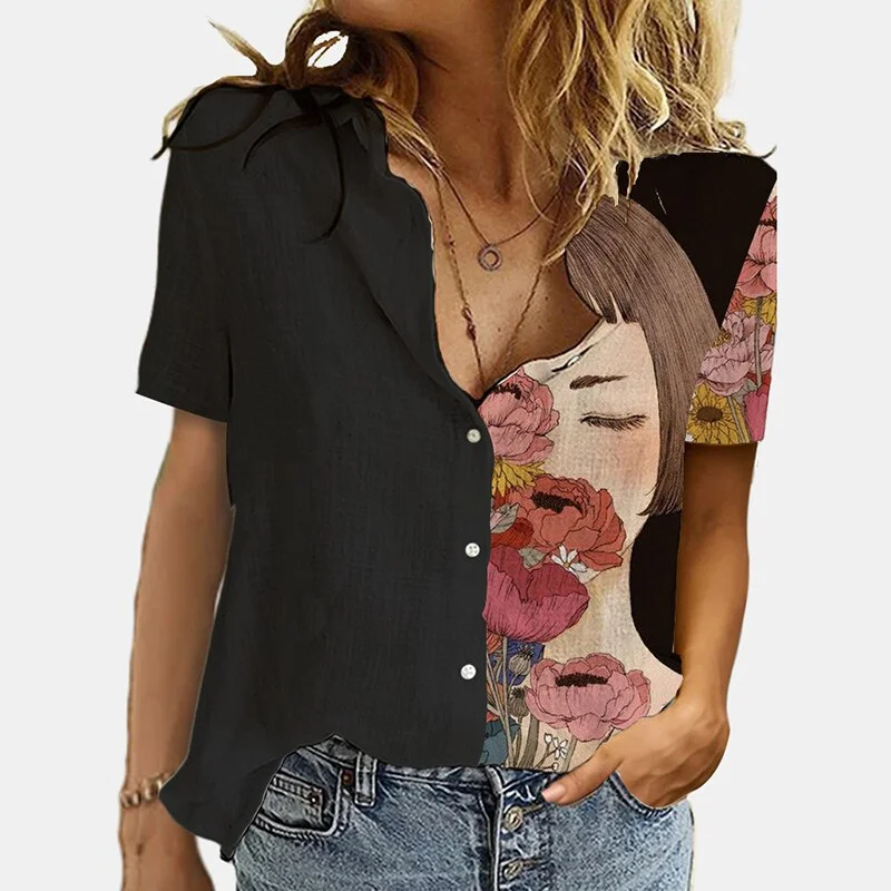 Vintage Women Patchwork Button Short Sleeve Blouse Summer Casual Loose Office Shirt Spring Femme 3XL Cats Printed Shirt Blusas