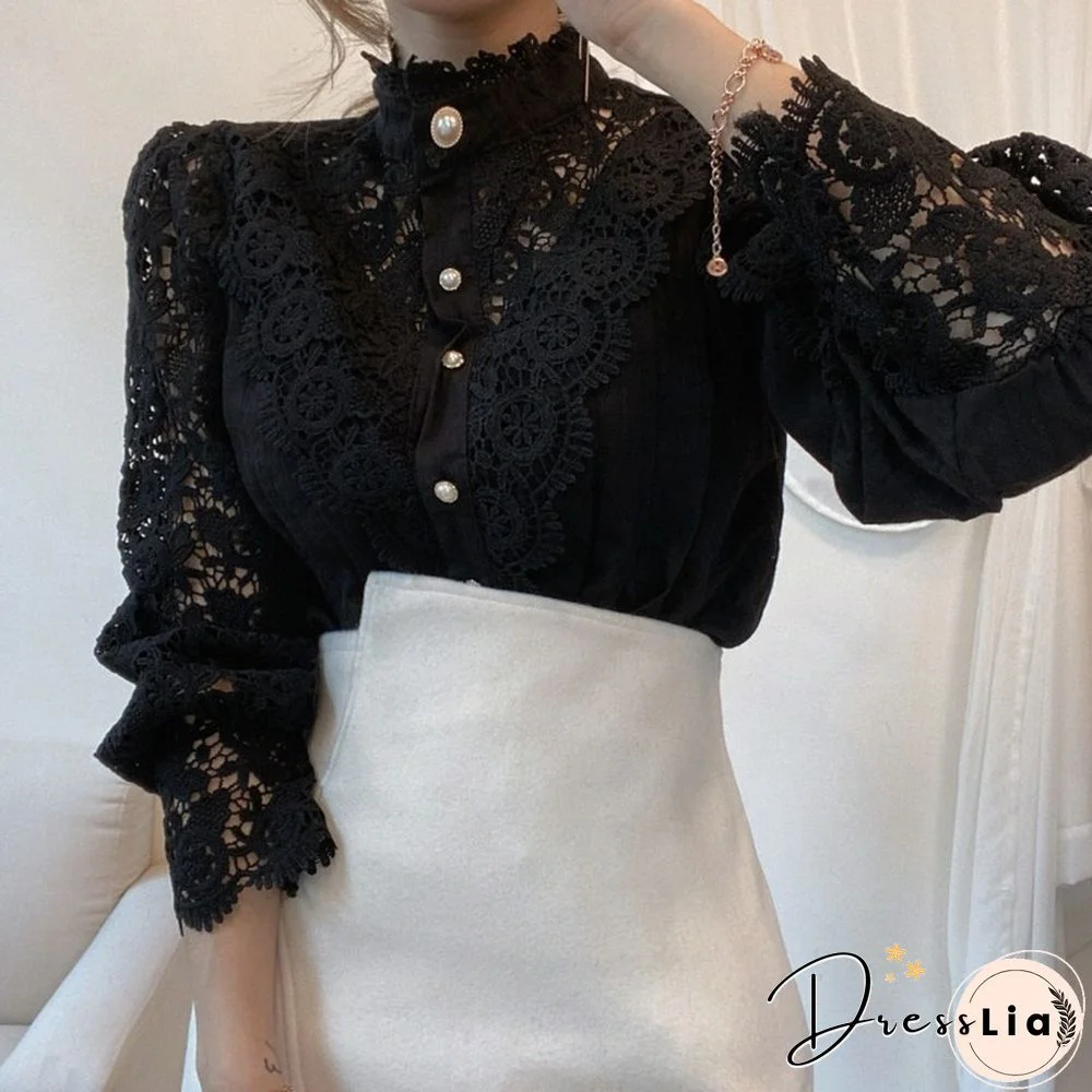 Autumn French Loose Chic Buttons Heavy Lace Hollow Flower Stitching Long-sleeved Stand-up Collar Shirt