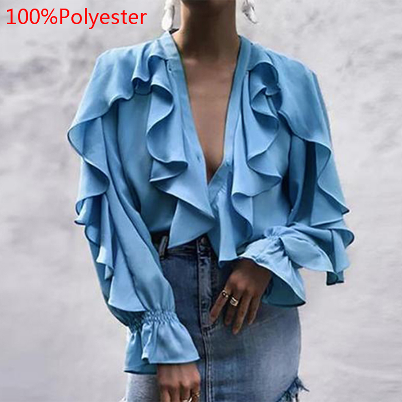 2022 Summer Women Ruffled Blouses Celmia Stylish Tops Sexy V neck Long Sleeve Shirt  Elegant Casual Buttons Sweet Party Blusas
