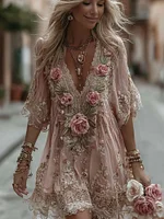 Women's Vintage Pink Rose Art Pattern Short Sleeve Mini Dress