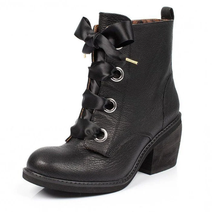 Black Block Heels Boots Round Toe Lace up Ankle Booties |FSJ Shoes