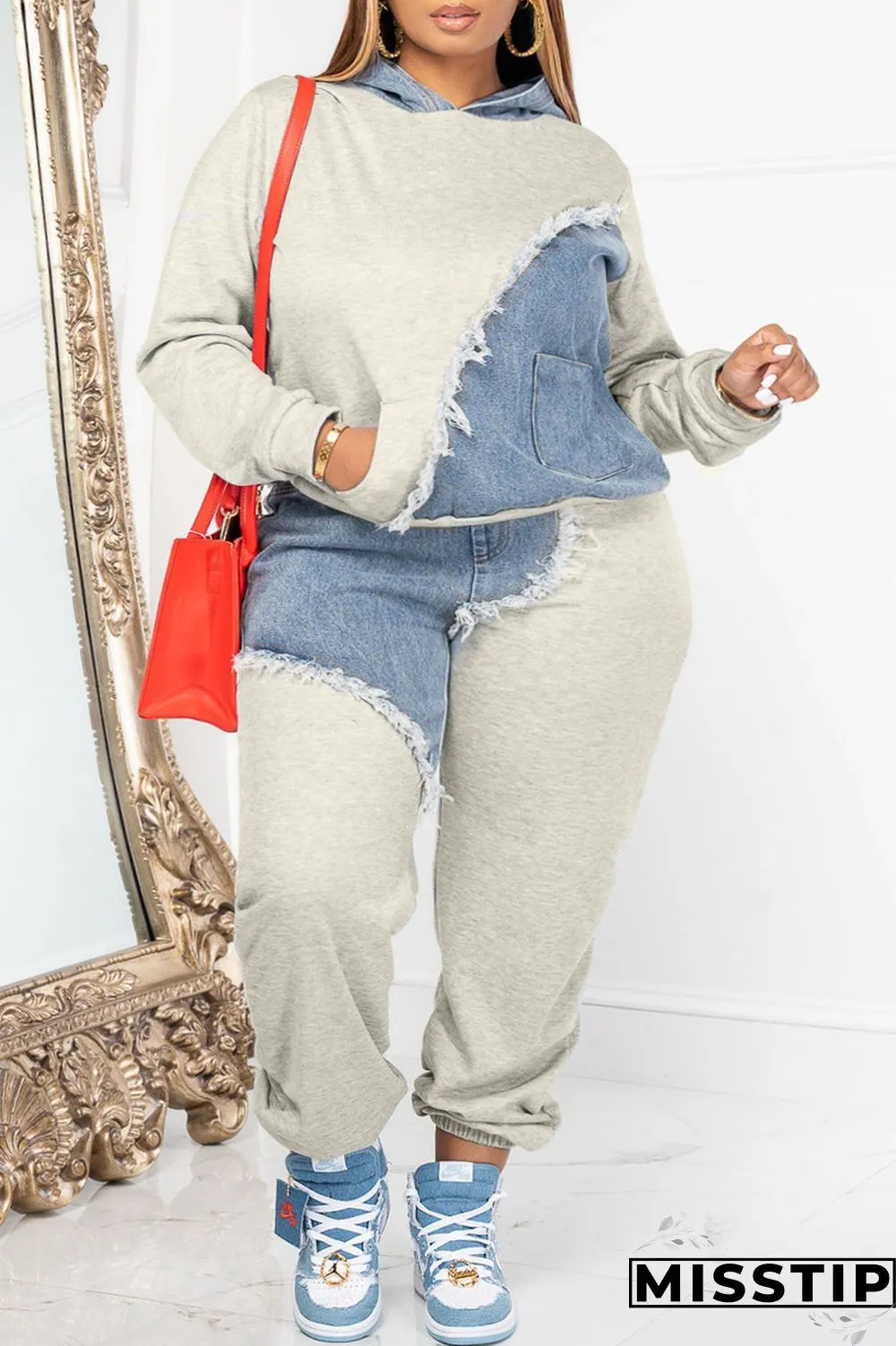 Orange Casual Patchwork Contrast Hooded Collar Plus Size Two Pieces