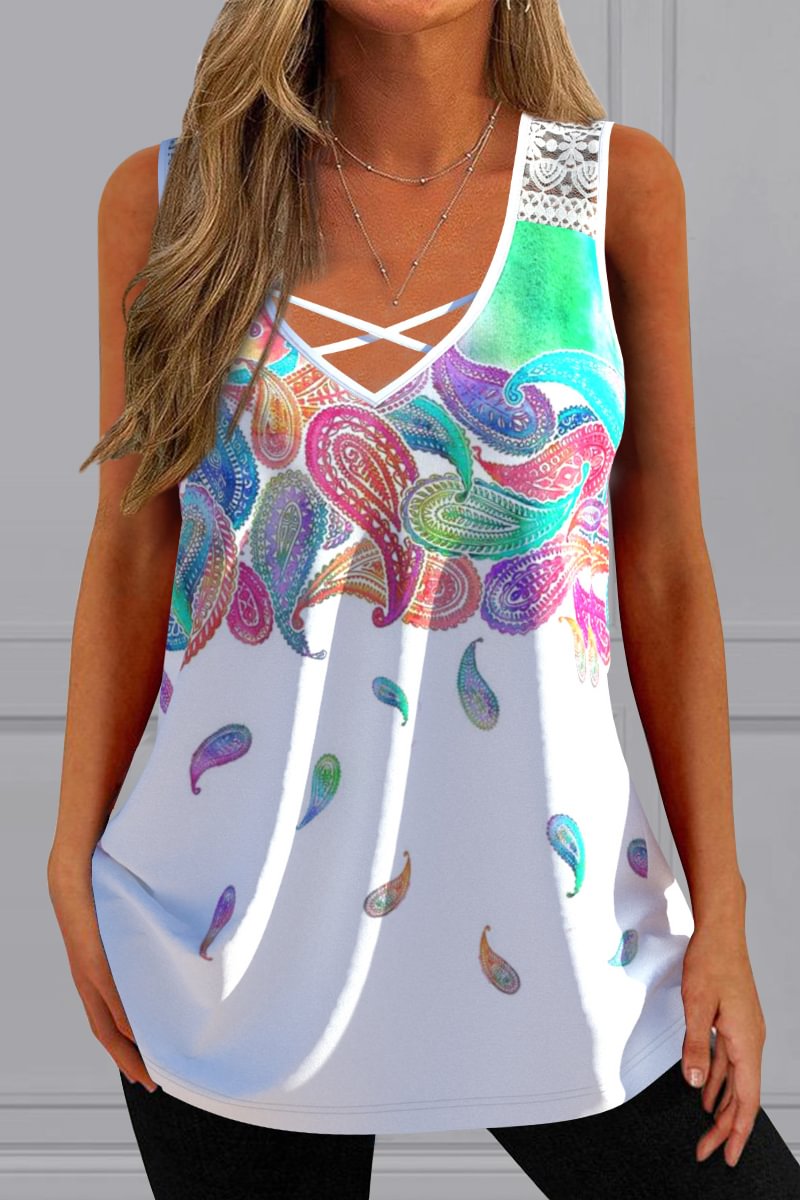 Plus Size Lace Stiching Feather Print Cross Strap V Neck Sleeveless Tank Top