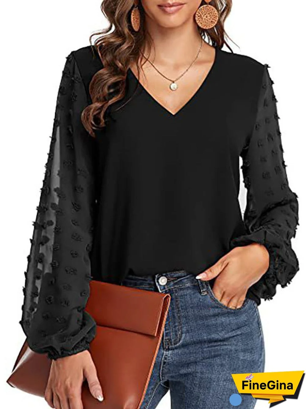 Women's Stitching Polka Dot Solid Color V-Neck Long Sleeve Top