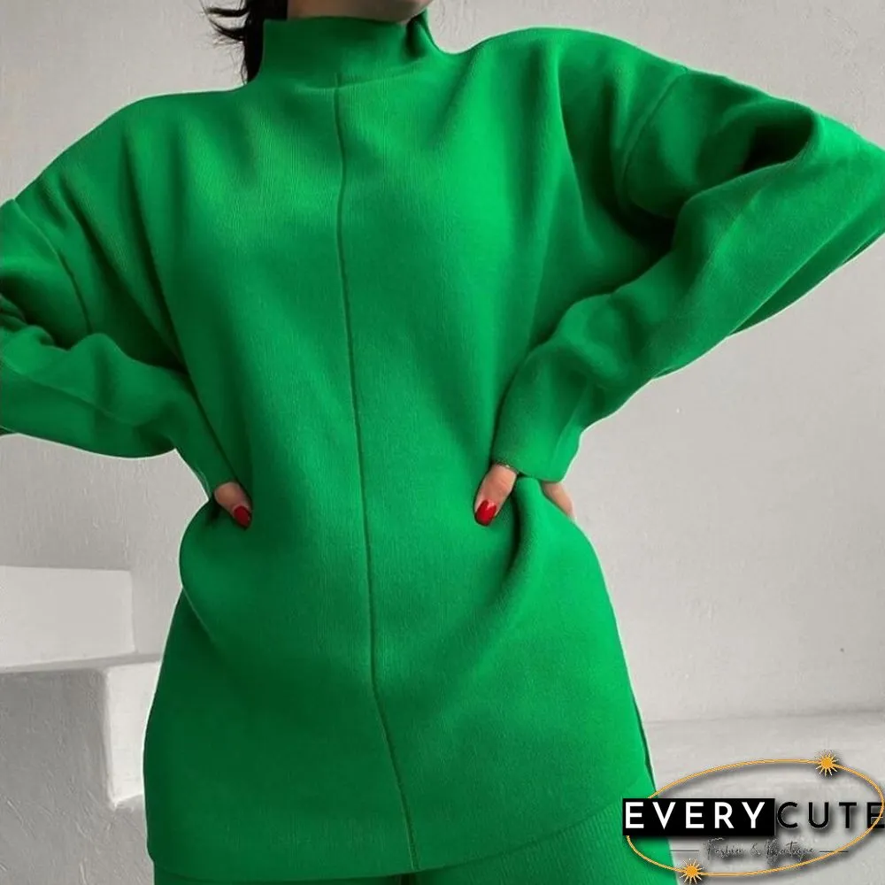 Winter Women Long Sleeve Loose Casual Sweater Knit Top Trousers Set High Neck Solid Color