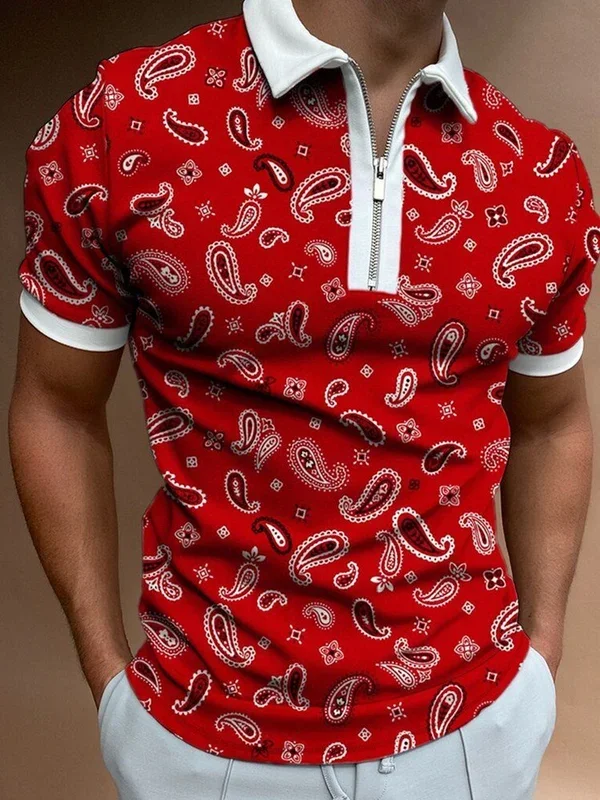 Red fashion casual cashew Flower Printed polo shirt