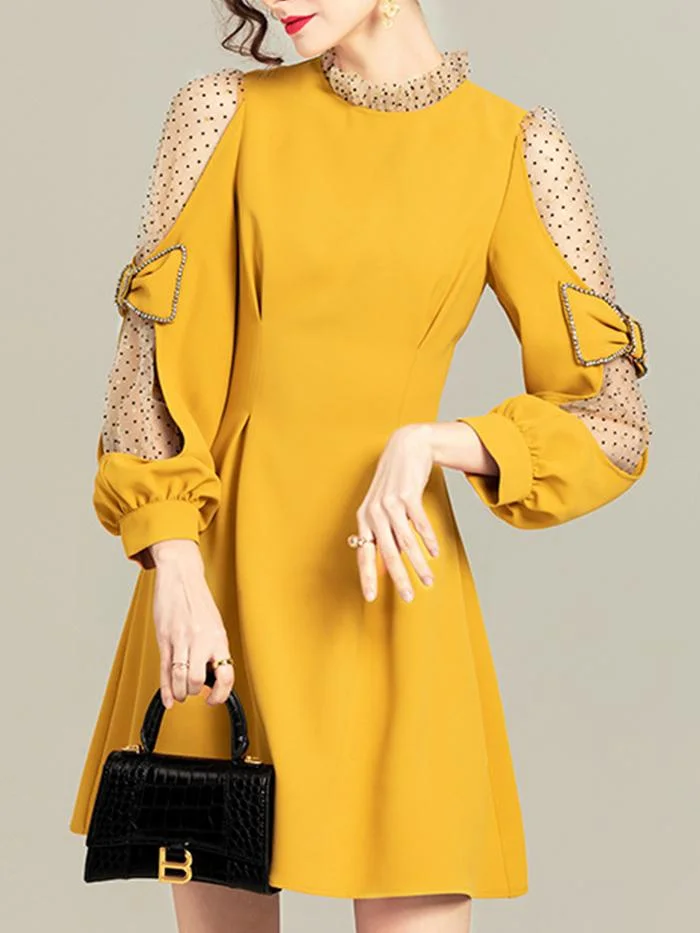 Elegant Net Yarn Flocking Bow Lantern Sleeve Dress