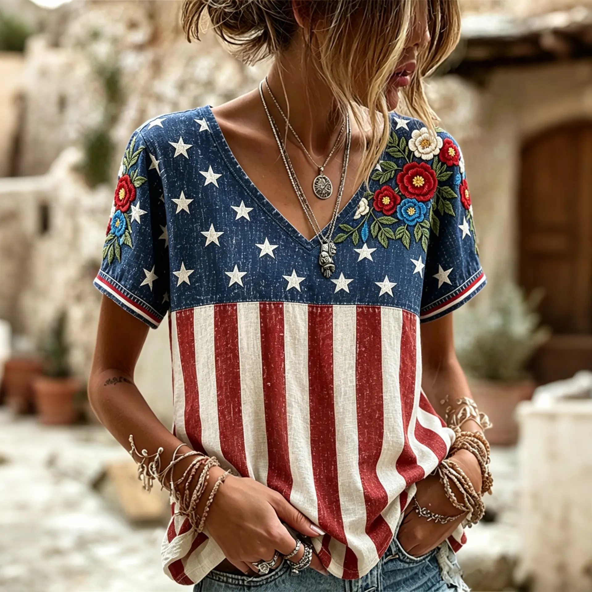  Women's Flag Floral Art Cotton Linen T-shirt Westsshops