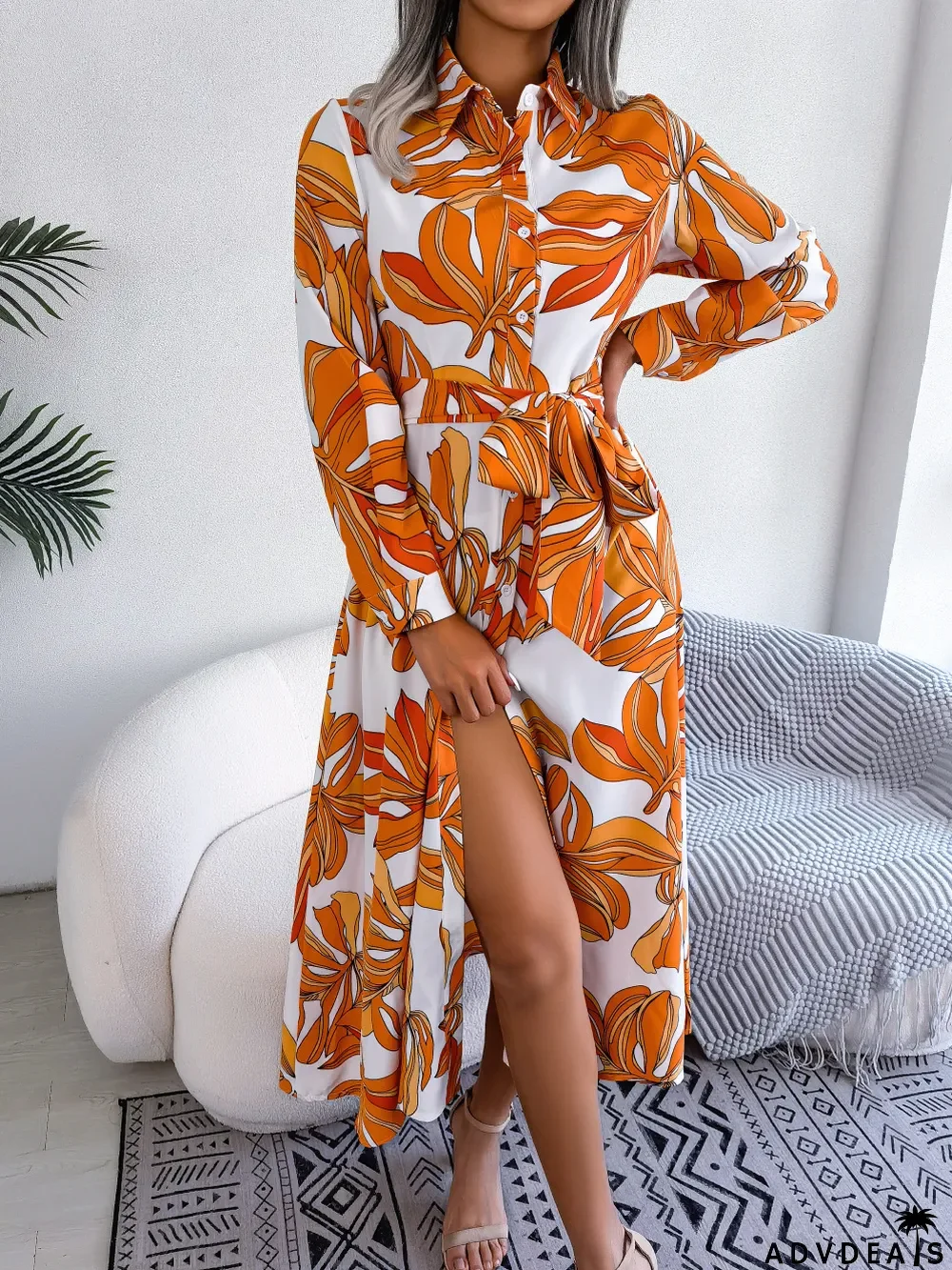 Women Color Block Floral Turndown Collar Tie Shirt Maxi Dress