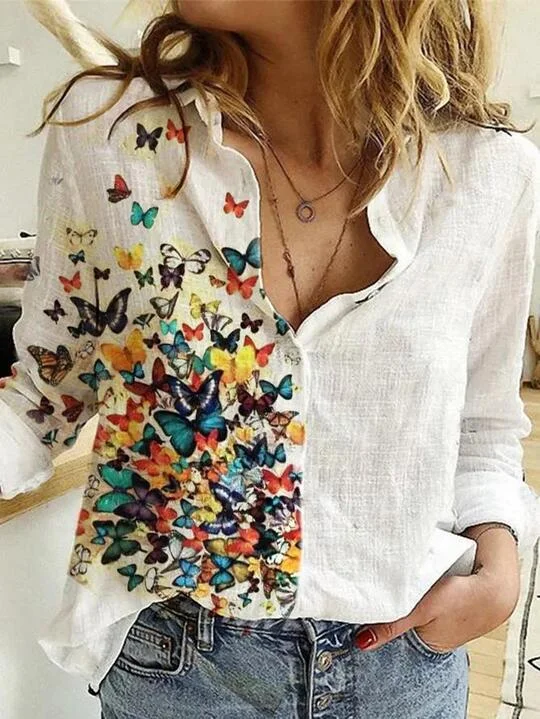 Butterfly printed cotton and linen casual shirt