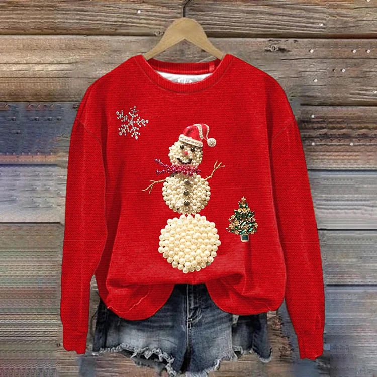 Comstylish Christmas Snowman Print Crew Neck Knitted Pullover Sweater