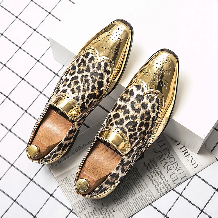 Men's Business Casual PU Leather Leopard Patchwork Hollow Slip On Loafers Shoes