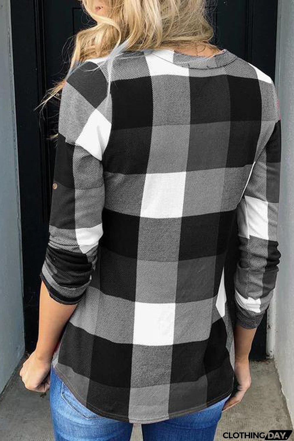 Contrast Plaid V Neck Long Sleeve Top