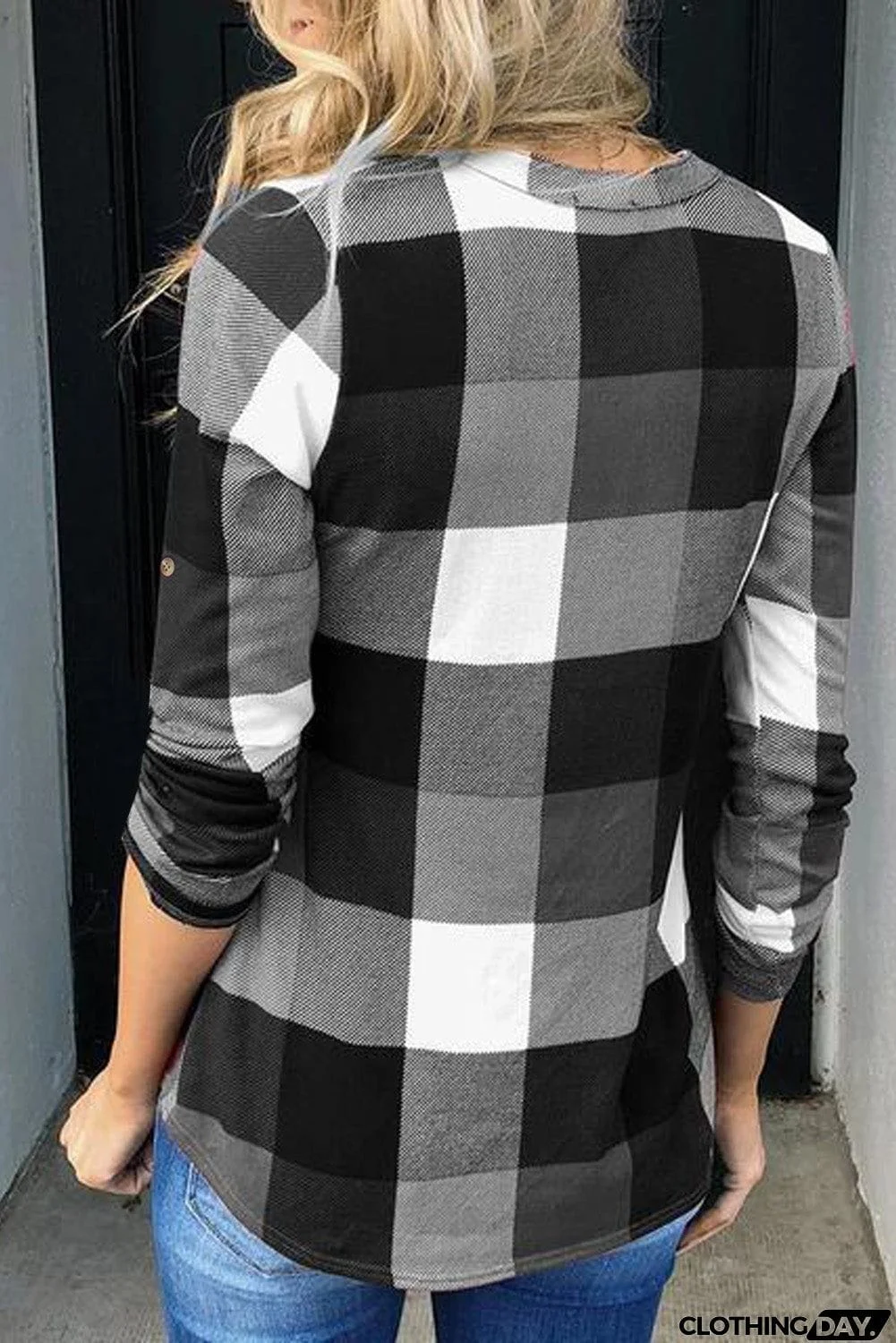 Contrast Plaid V Neck Long Sleeve Top