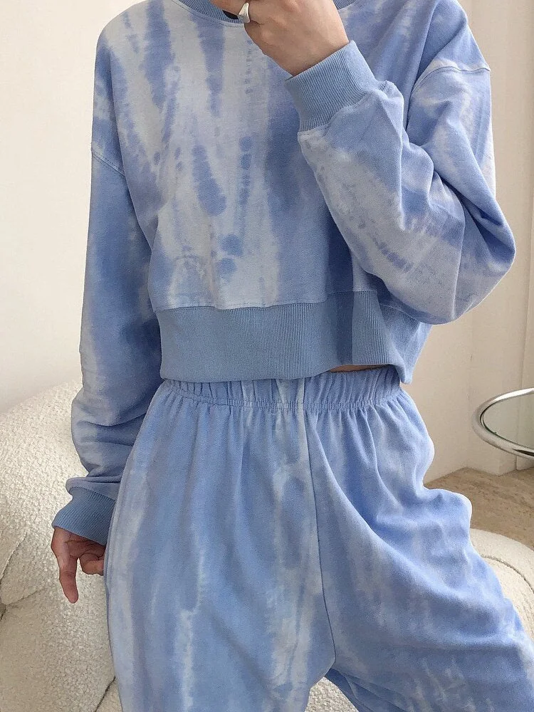 Back to School 2022 New Tie Dye O-Neck Women Pullover Fashion High-Waist Ladies Sweatshirts Blue Color Casual Spring Autumn Loose Long Sleeve