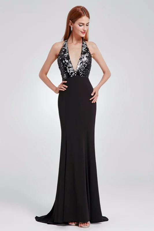 Sexy Halter Black Sequins Mermaid Backless Prom Dress