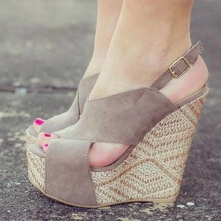 Suede Grey Taupe Wedge Slingback Sandals with Platform Vdcoo