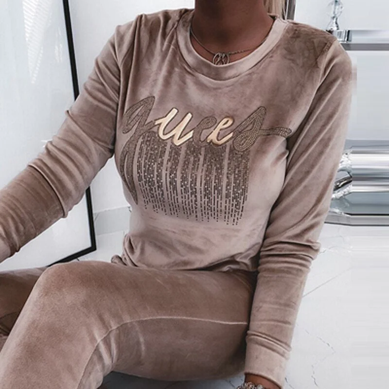 UForever21 Women Retro Round Neck Velvet Sweatshirt Pullover Autumn Winter Letter Print Sequin Hoodies Casual Long Sleeve Tops Jumper Mujer