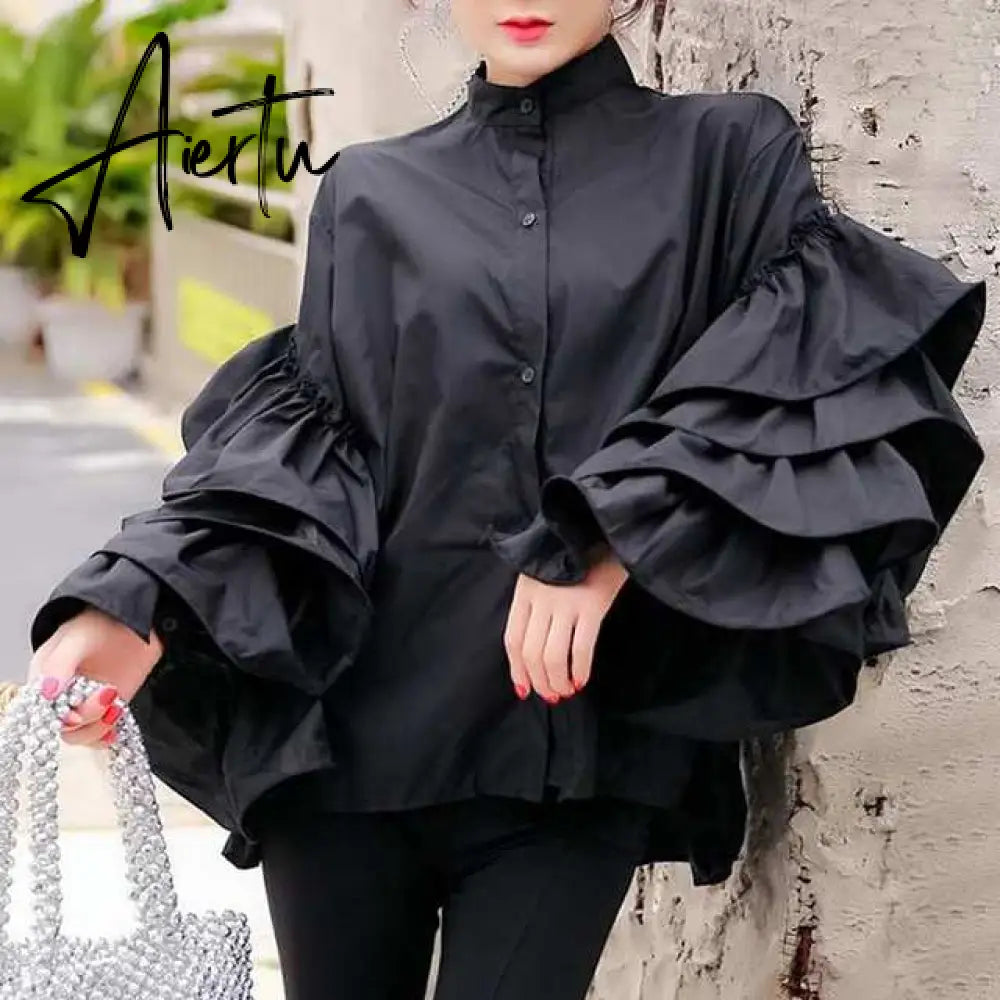 Aiertu Fashion Flare Sleeve Women Blouses Autumn Ruffled Shirt Casual Long Sleeve Tops Buttons Elegant Party Office Blusas Aiertu