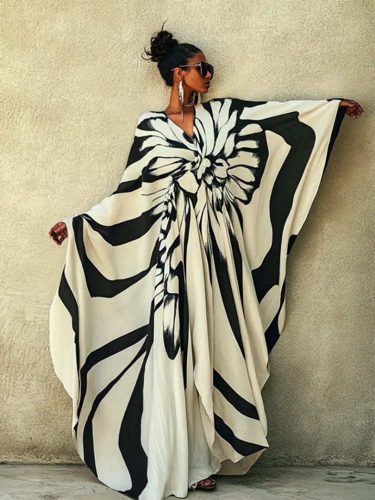 Shadow Bloom Linen V-neck Long Kaftan