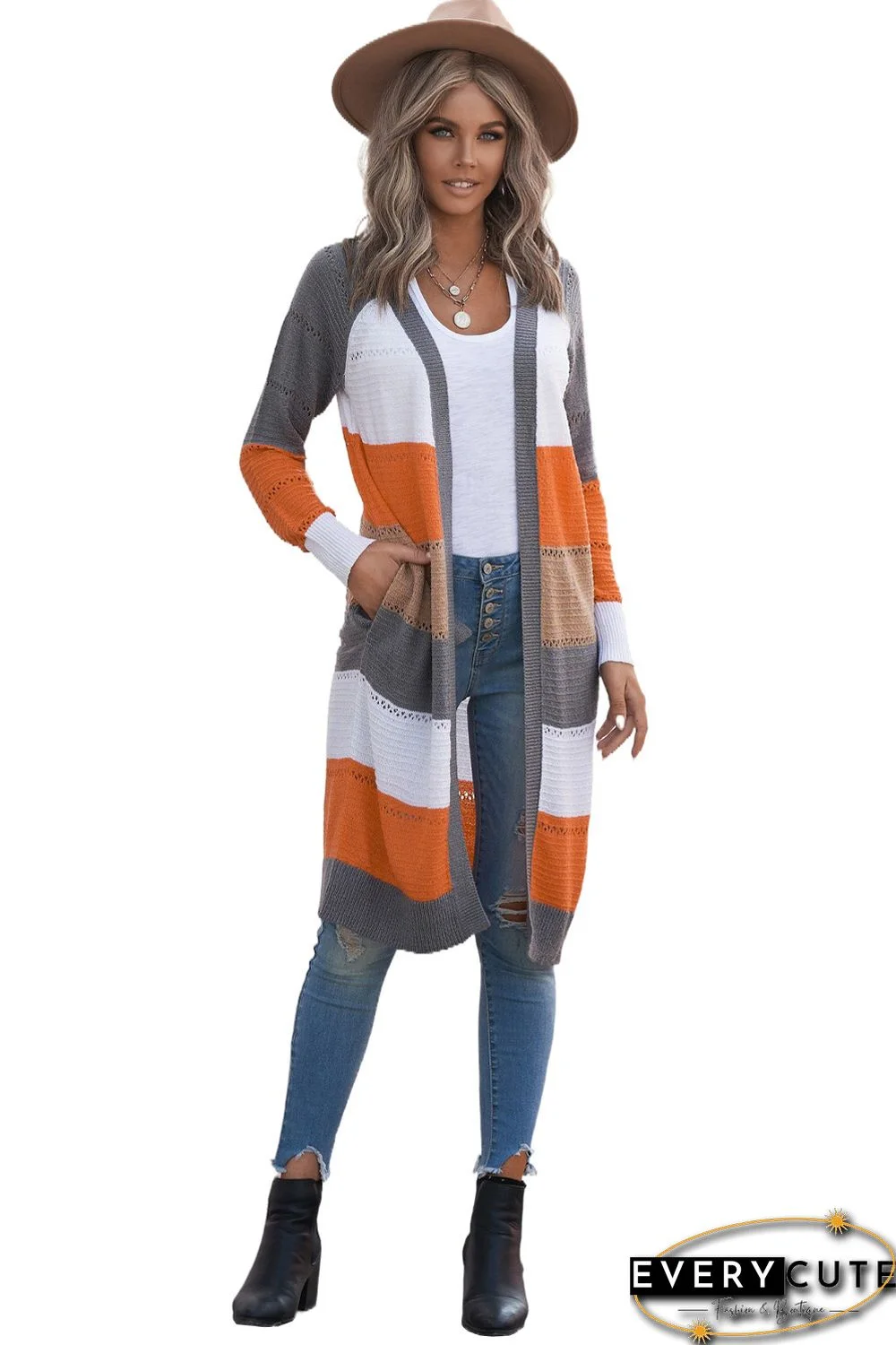 Gray Color Block Eyelet Knitted Lightweight Cardigan