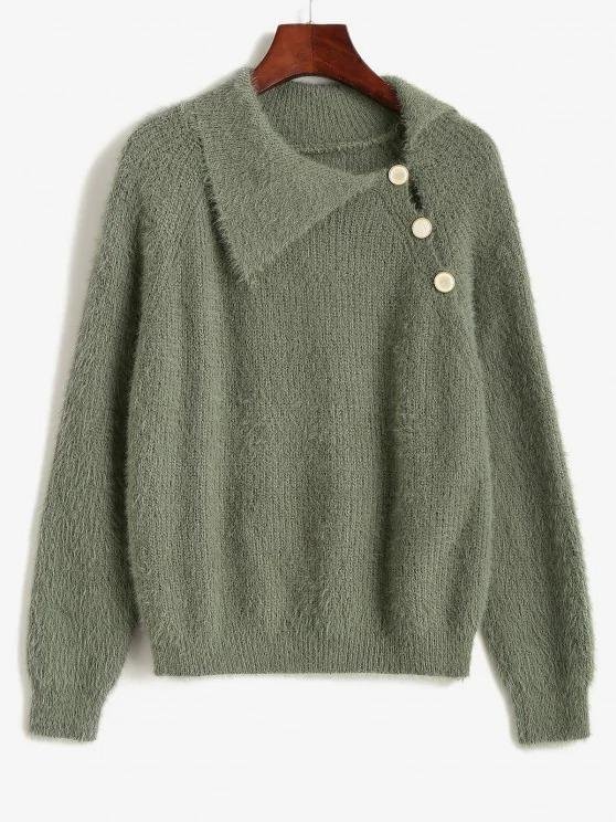 Fuzzy Knit Raglan Sleeve Buttoned Sweater