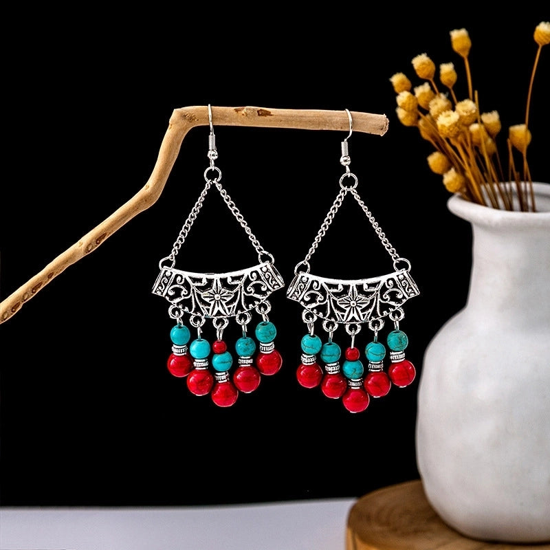 Bohemian Blue Turquoise National Style Earrings Imitation Miao Silver Metal Earrings Vintage Tassel Earrings