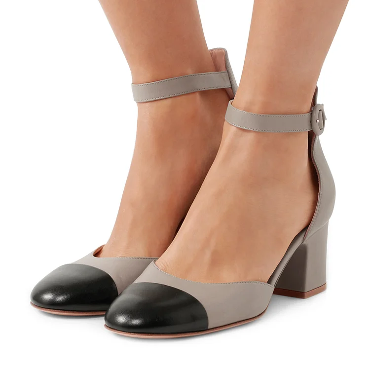 Women's Grey Ankle Strap  Vintage Chunky Heels Pumps Shoes |FSJ Shoes