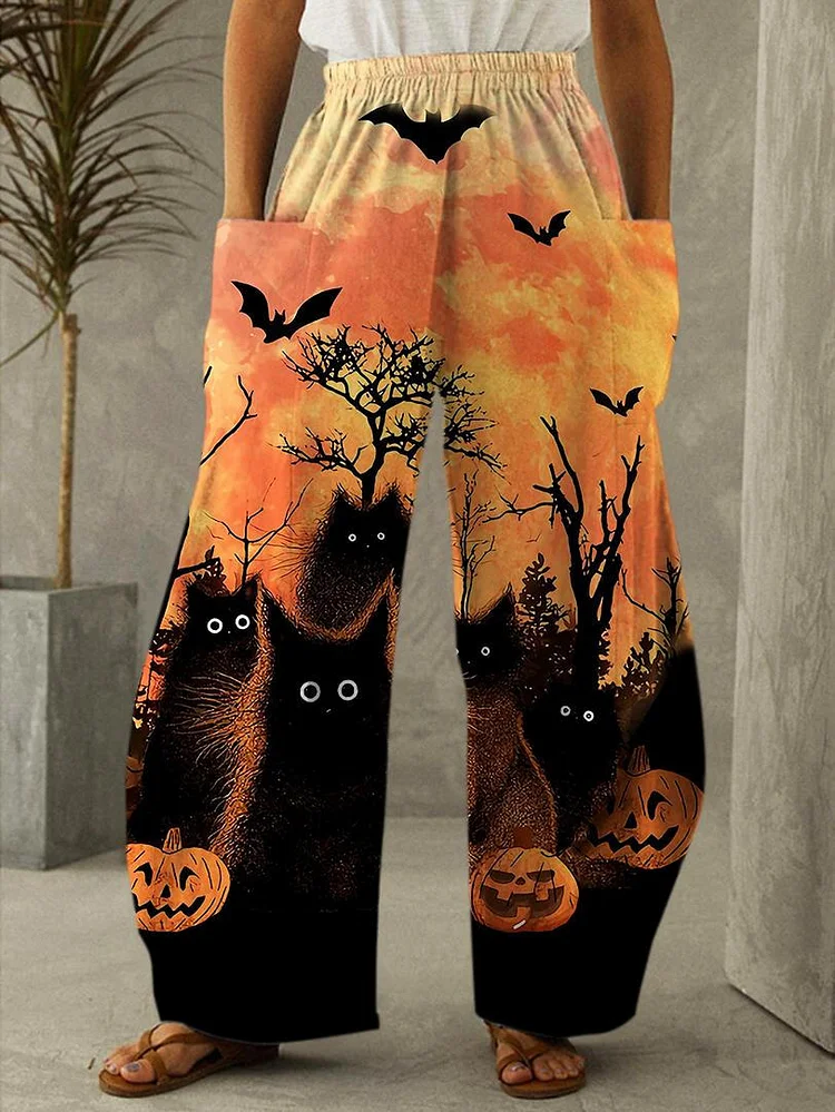 Cat Halloween Pumpkin Print Casual Pants