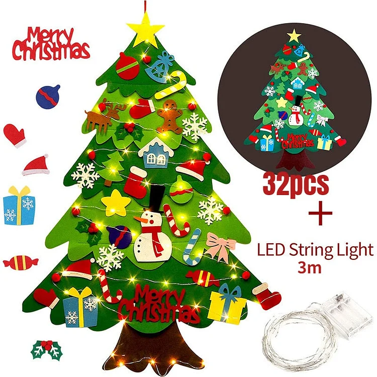 DIY felt Christmas tree with LED string lights.