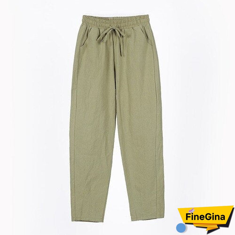 Woman Summer Harem Pants Vintage Candy Colors Cotton Linen Wide Leg Pants Solid Elastic Waist Ankle-length Capris Trousers