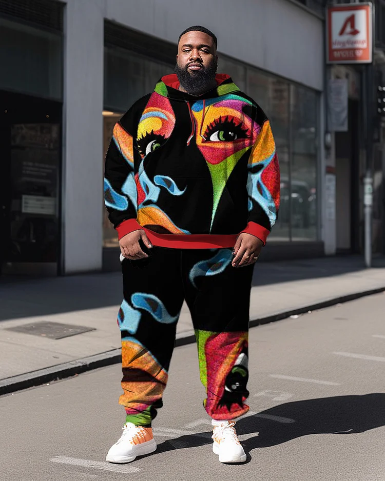 Plus Size Men's  Abstract Face Art Sweatershir Two-Piece Set