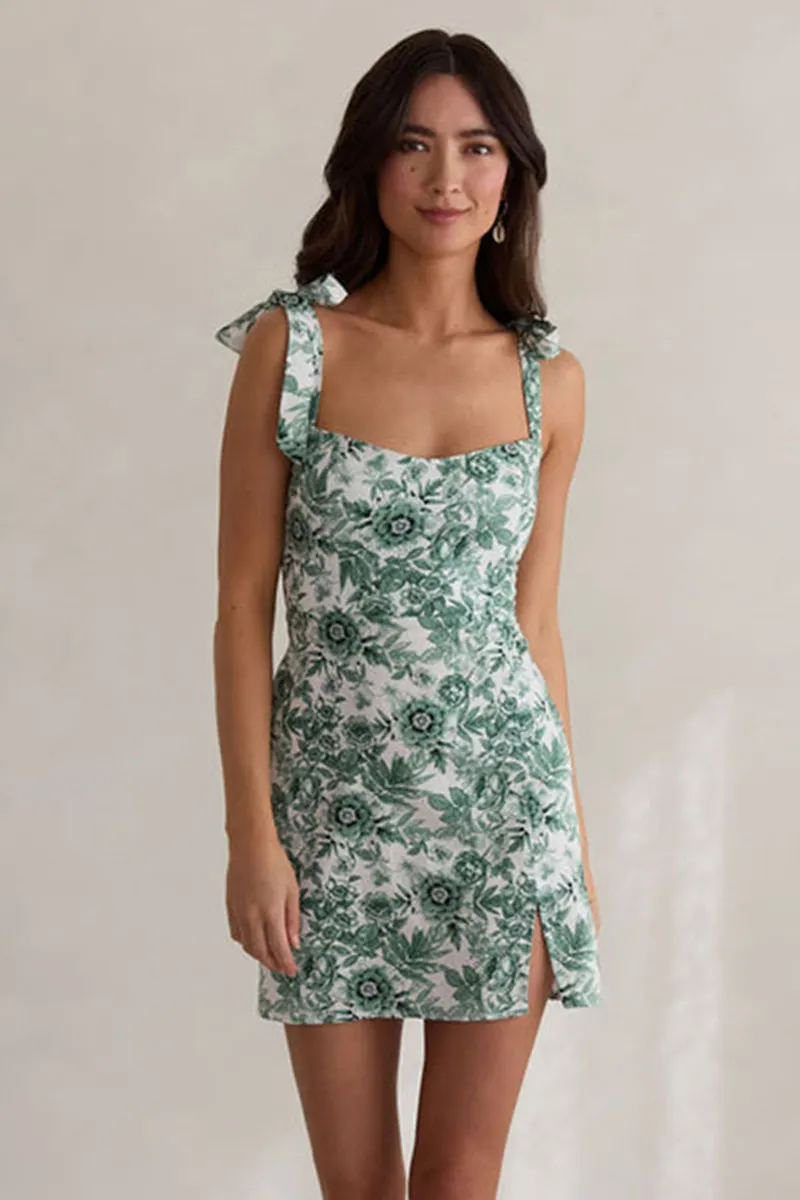 Ribbon Strap Floral Print Slit Slim-Fit Mini Dresses-Green [Pre Order]