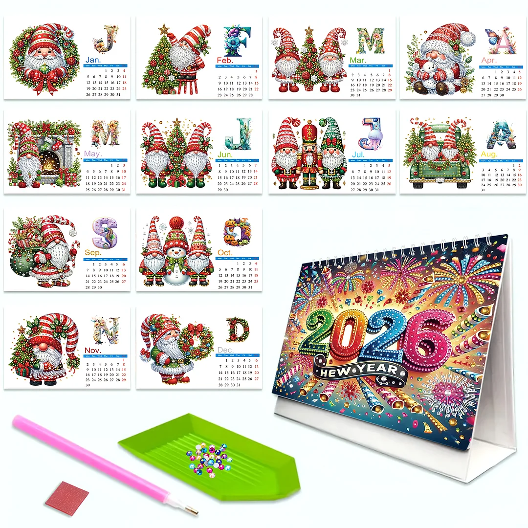 2026 Calendar Diamond Painting Kit Christmas Gnome DIY Diamond Art Desk Calendar