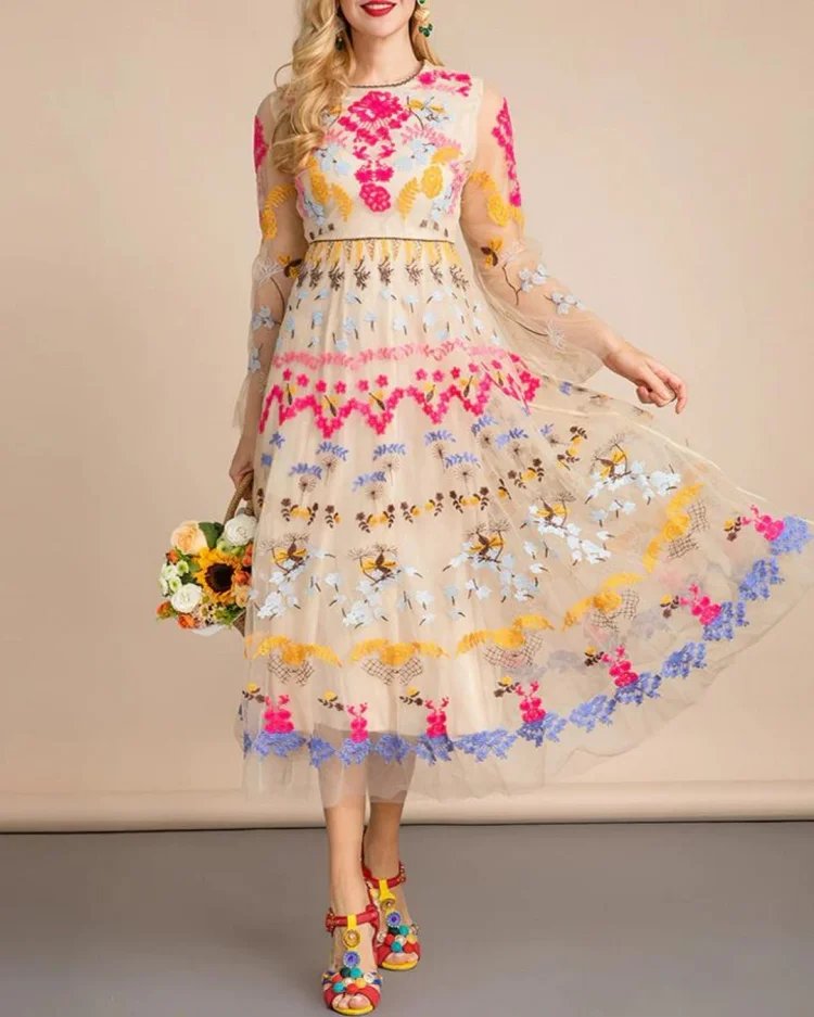 Women's Color Contrast Embroidery Panel Dress