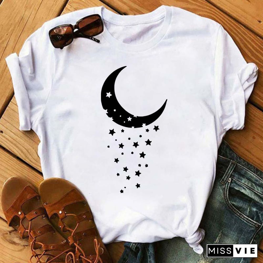 Maycaur Women Harajuku T Shirt New Moon Star Printed T Shirt O-Neck Summer Short Sleeve Tees Women Clothes Graphic T Shirts