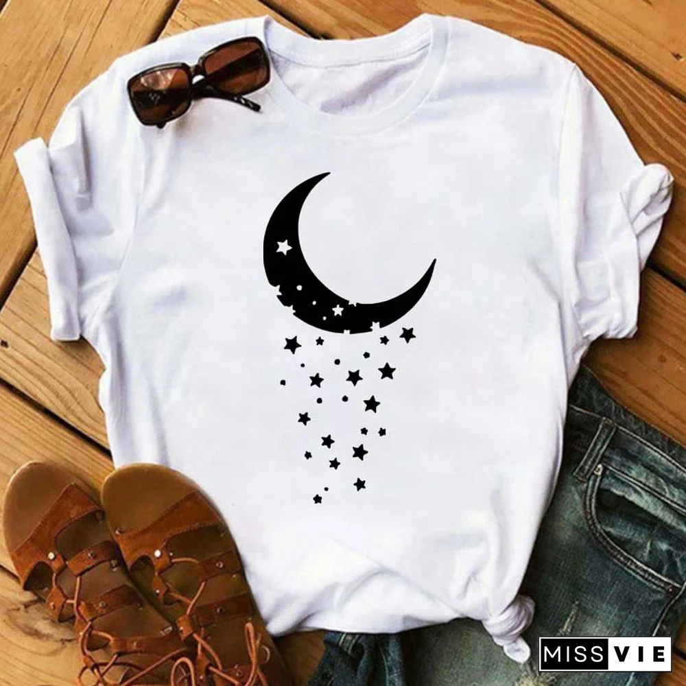 Maycaur Women Harajuku T Shirt New Moon Star Printed T Shirt O-Neck Summer Short Sleeve Tees Women Clothes Graphic T Shirts