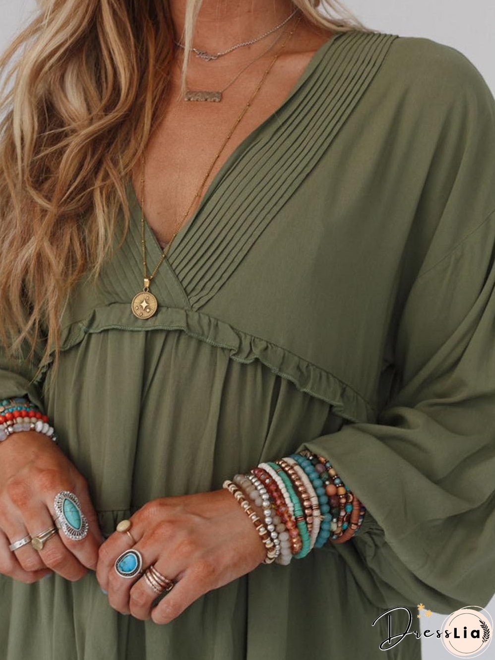 Enchanting Green Puff Sleeve Tiered Frill Mini Dress