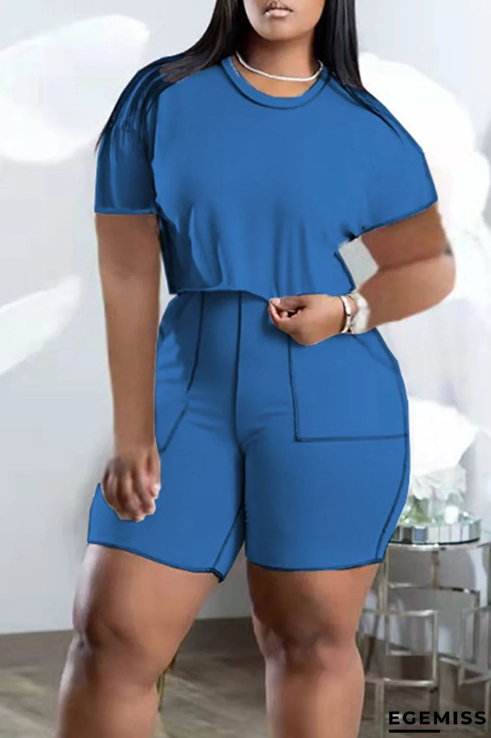 Sky Blue Casual Solid Patchwork O Neck Plus Size Two Pieces | EGEMISS