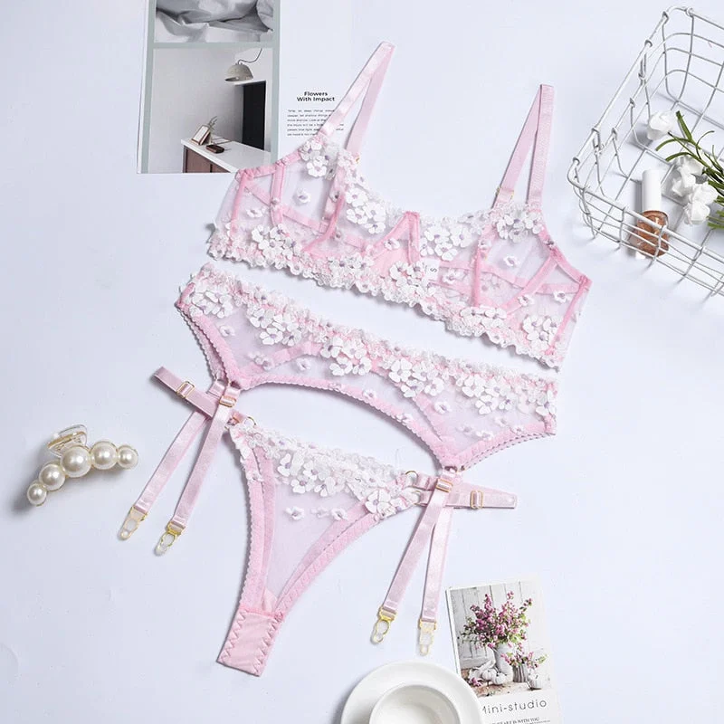 Yimunancy Lingerie Floral Embroidered Bra Set, 3-Piece Female Transparent Bra + Panties, Sexy Underwear, Underwear Set