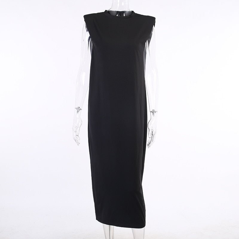 Dulzura Sleeveless Midi Dress Shoulder Pad Straight Women Elegant Party Solid Behind Slit Streetwear Casual 2020 Autumn Winter