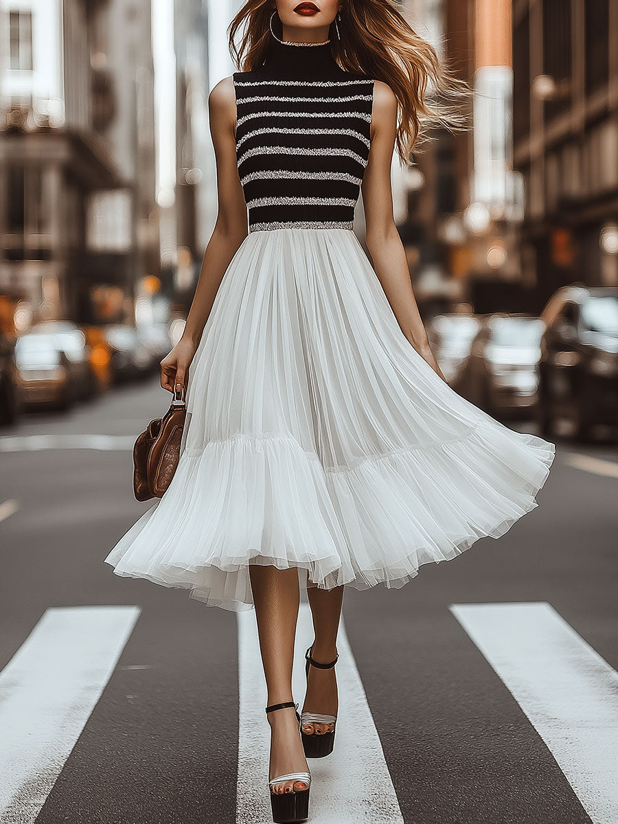 Chic Knited Stripe Patchwork Chiffon Pleated Dress
