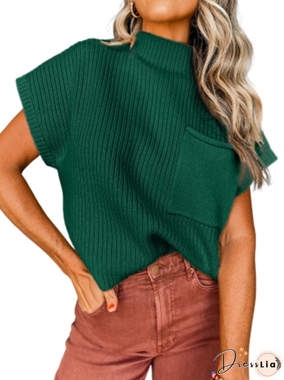 Green Ribbed Knit Short Sleeve Sweater with Patch Pocket