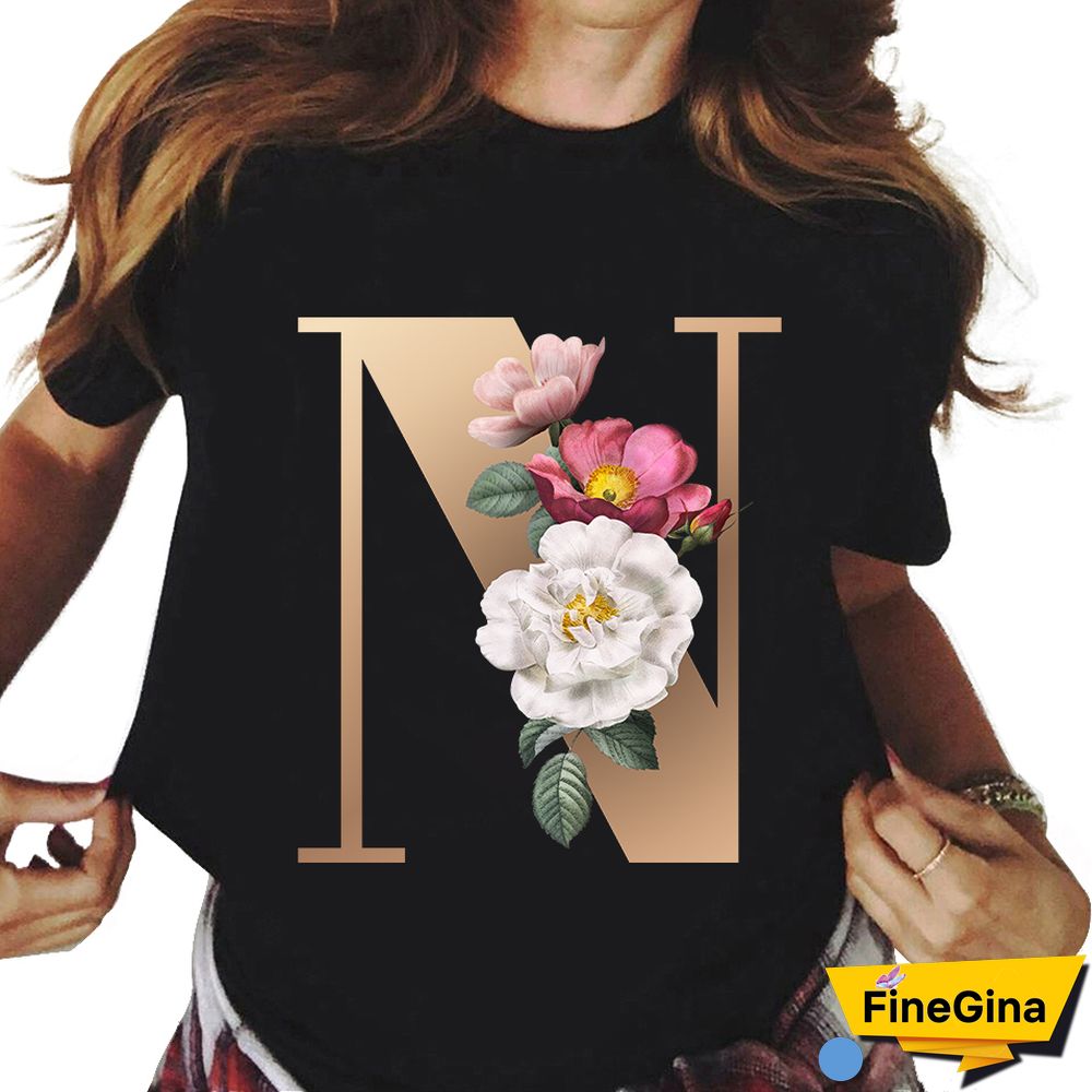 Custom Name Letter Combination T-shirt 26 FloralAlphabetFontClassicTShirt Fashion Harajuku Kawaii TShirt Women Top Tees