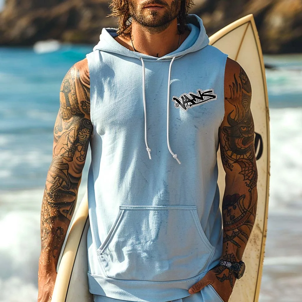 Men's Vintage Surfing Graphic Print Pocket Hooded Sleeveless Light Blue Muscle Tank Top
