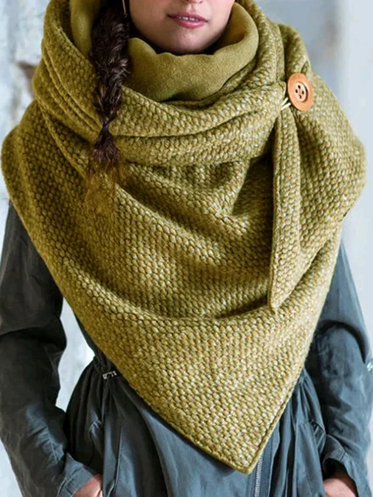 Daily Solid Button Detail Triangle Knitted Shawl Scarf
