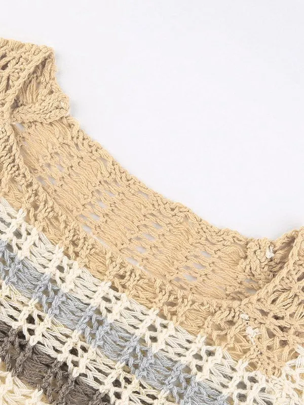 Brownm crop long sleeve crochet top with crochet pattern and stripes