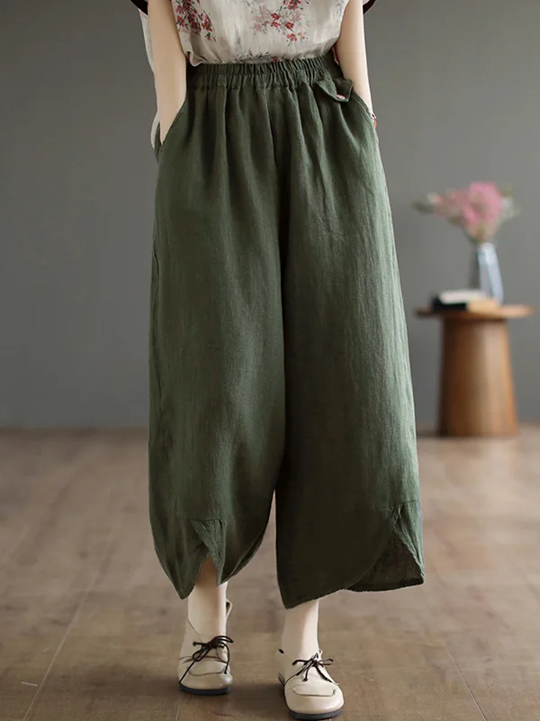 Original Vintage Linen Roomy Elasticity Split Pants